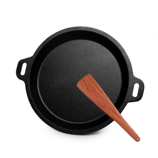 Cast Iron Pre Seasoned Combo Pack Go's Good for Cooking on Gas (Fish Fry Pan + Neem Wooden Spatula Flip)
