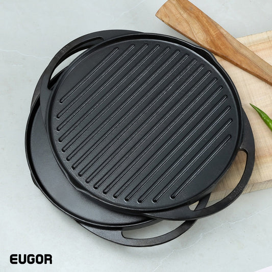 Pre-Seasoned Cast Iron 2 in 1 Grill and Griddle Pan | Cast Iron Tawa for Dosa | Iron Cookware for Kitchen | Roti Tawa Cast Iron | Cast Iron Grill Pan | 30cm, Black (Round Shape)