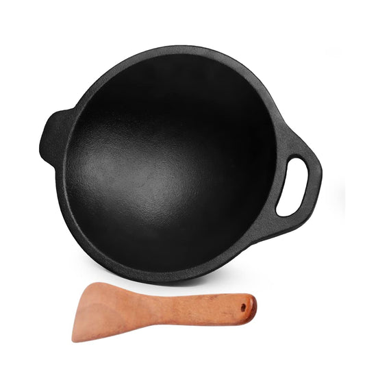 Cast Iron Pre Seasoned Cast Iron Combo Pack Go's Good for Cooking on Gas (Appa Chatty + Neem Wooden Spatula Flip)