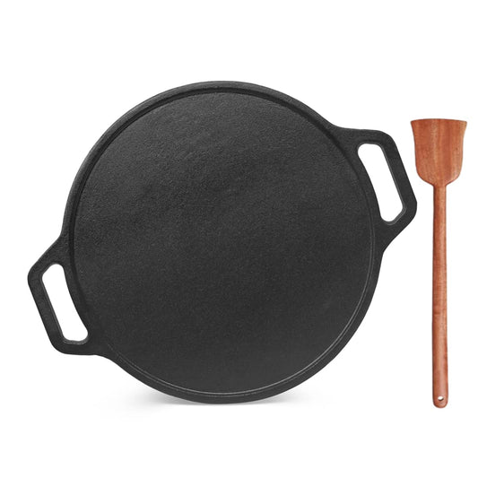 Cast Iron Pre Seasoned Combo Pack Go's Good for Cooking on Gas (Dosa Tawa + Neem Wooden Flip)